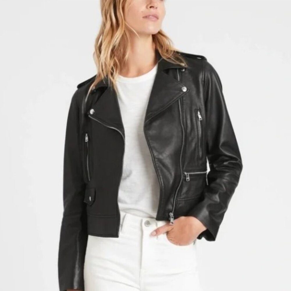 NWT Banana Republic Black Classic Moto Leather Jacket Size XS